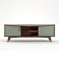 Modern wooden TV stand with green doors and storage shelves 150 x 40 x 50cm