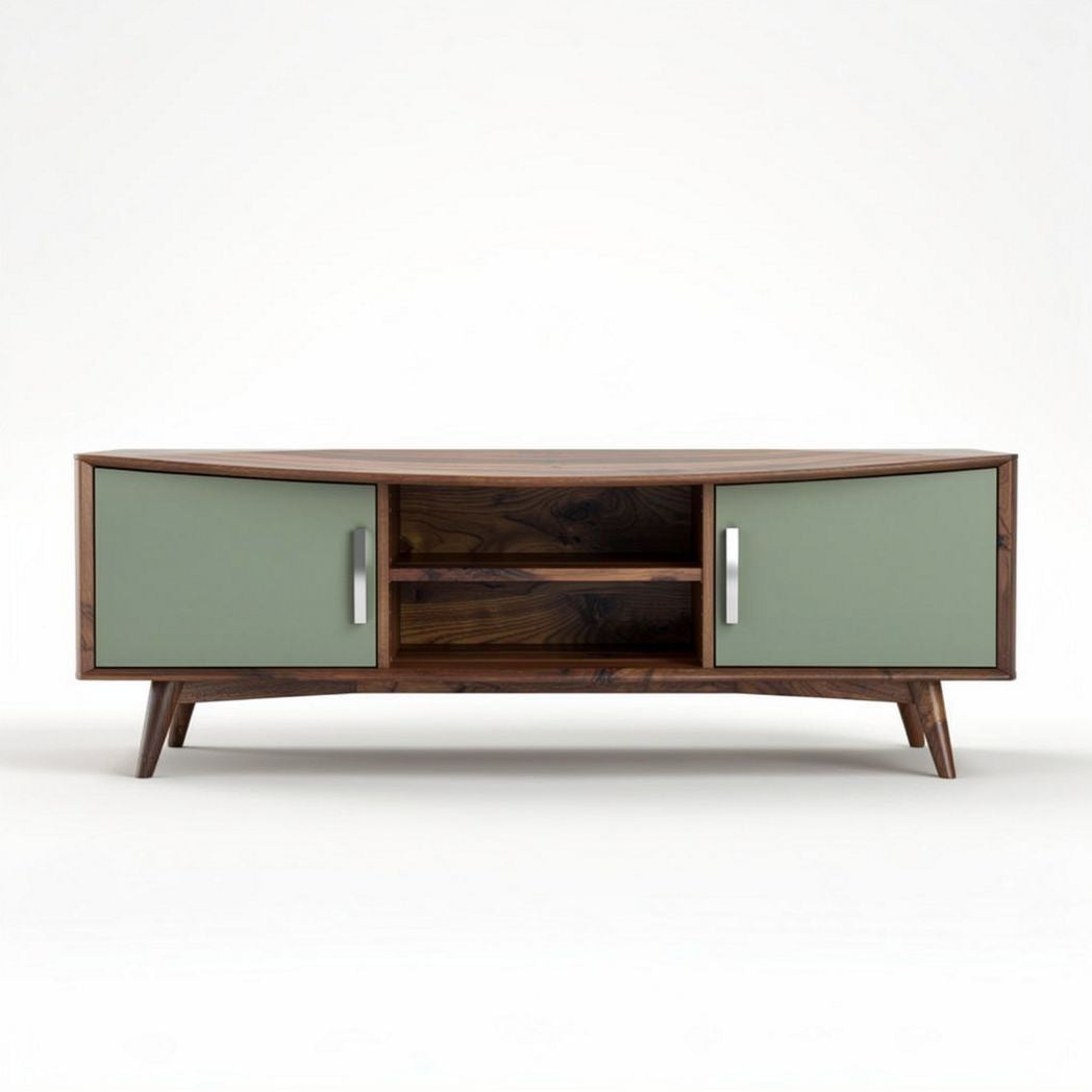Modern wooden TV stand with green doors and storage shelves 150 x 40 x 50cm