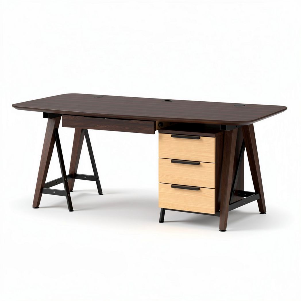 Wooden office desk with three drawers and metal frame 150 x 75 x 75cm
