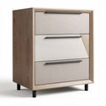 Modern three-drawer storage cabinet with fabric fronts and wood frame