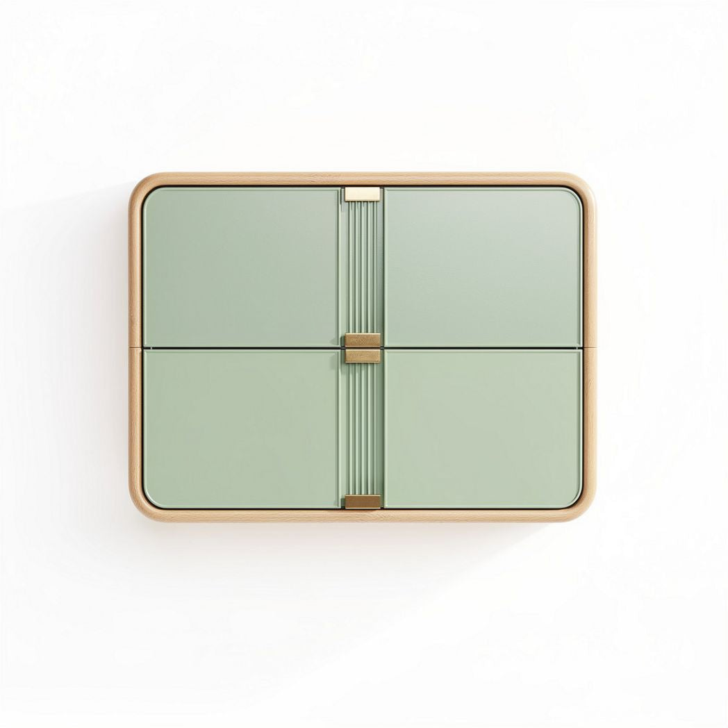 Green plastic storage box with wooden accents 25 x 20 x 10cm