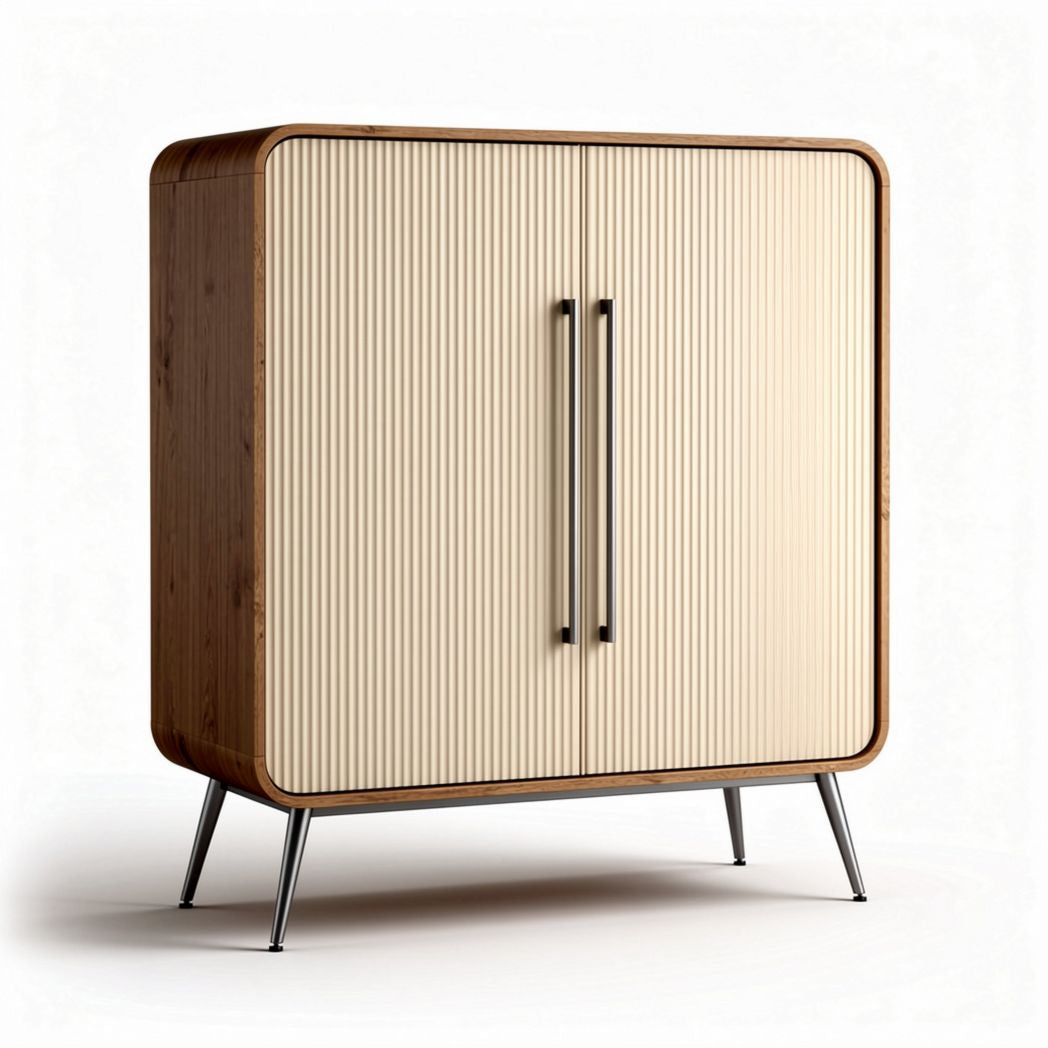 Wooden storage cabinet with ribbed doors and metal legs 90 x 40 x 90cm