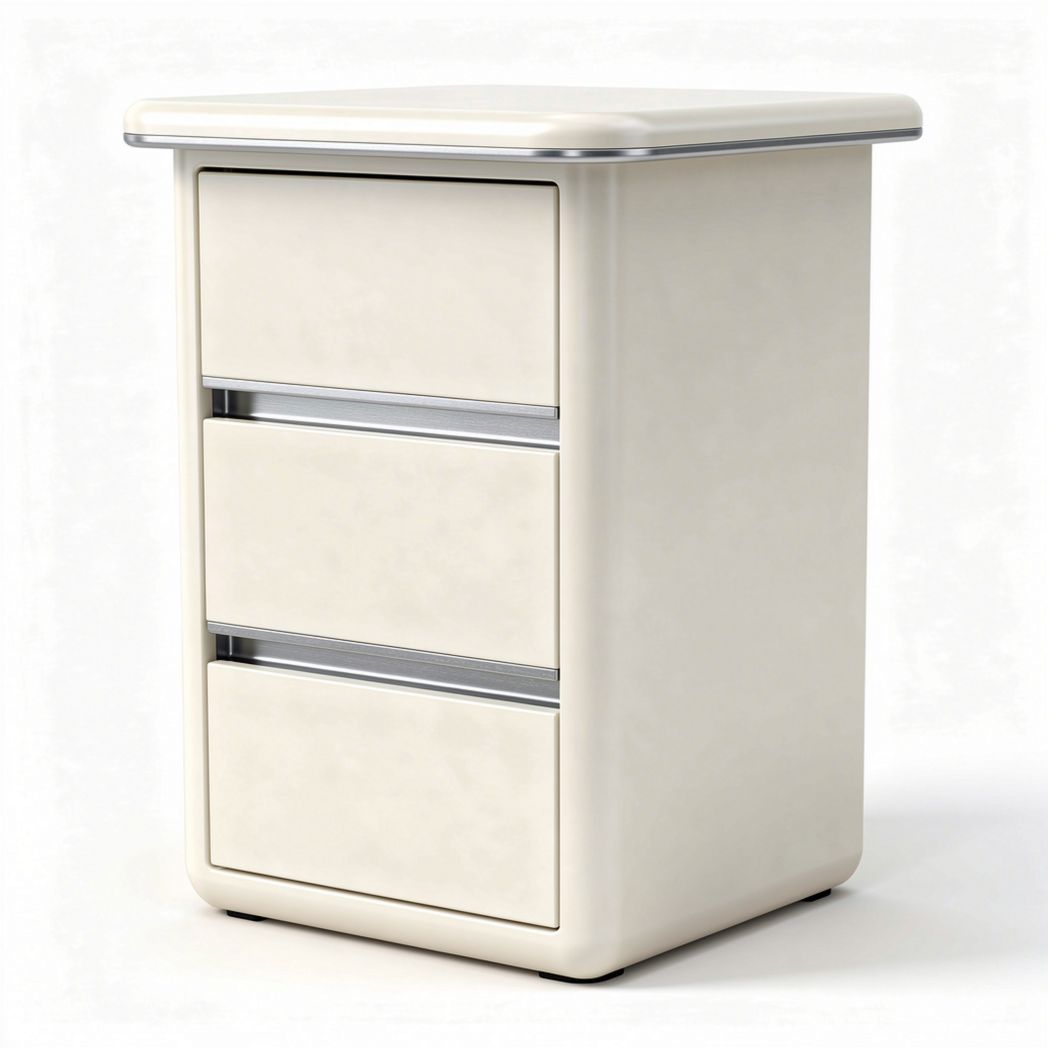 Nightstand with three drawers in cream color and metal accents 45 x 40 x 60cm