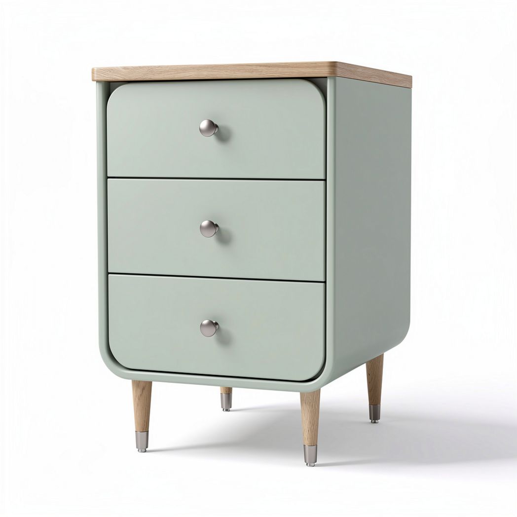 Modern bedside table with three drawers in green and wood finish 40 x 40 x 60cm