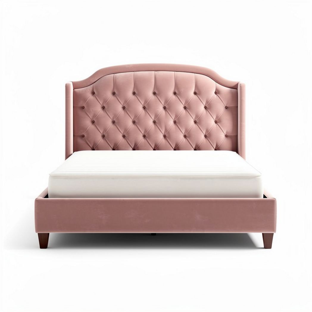 Upholstered velvet queen size bed with tufted headboard in pink 200 x 160 x 100cm