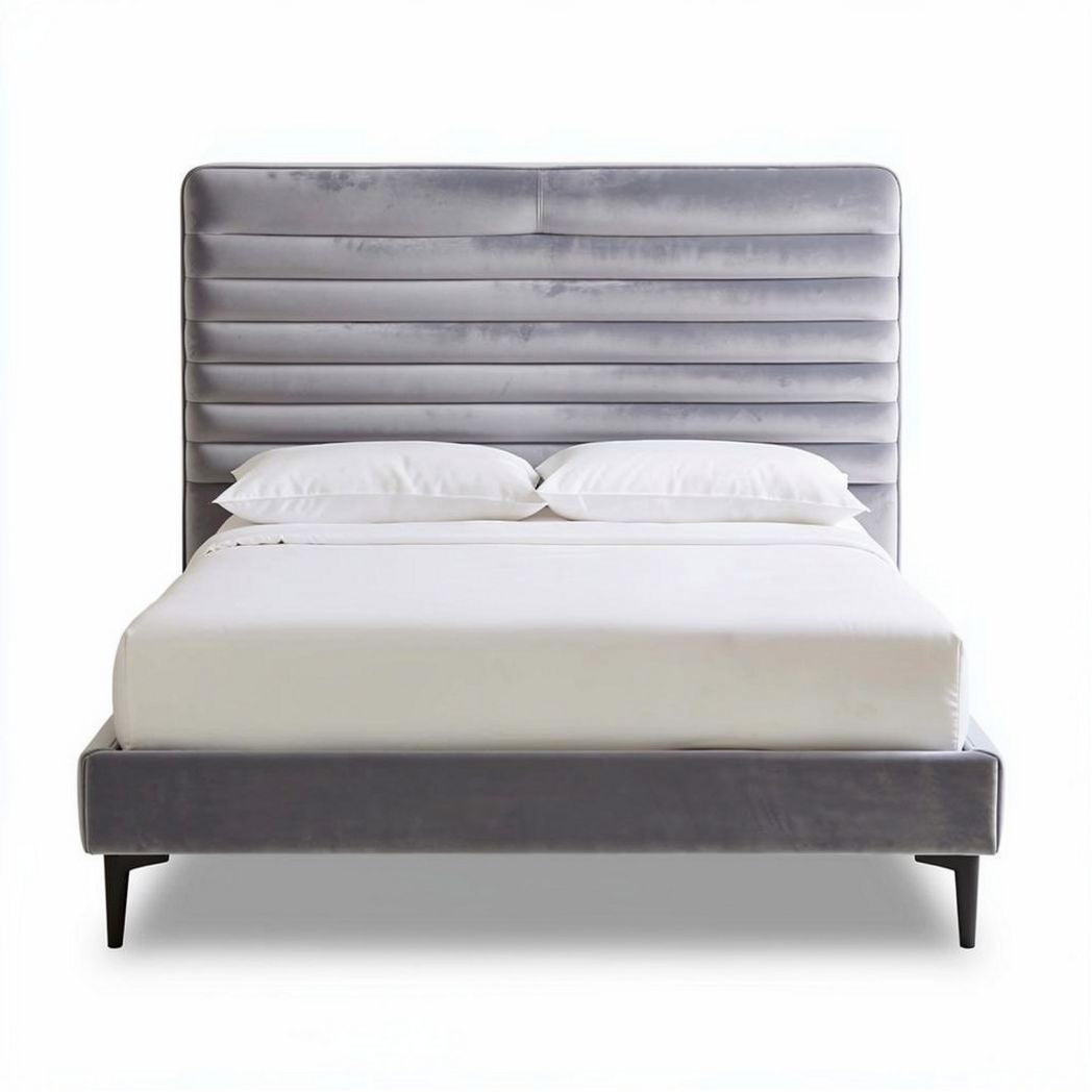 Velvet upholstered bed frame with vertical channel design in gray 210 x 160 x 100cm
