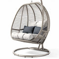Hanging egg chair with cushion in beige and grey woven rattan 90 x 100 x 130cm
