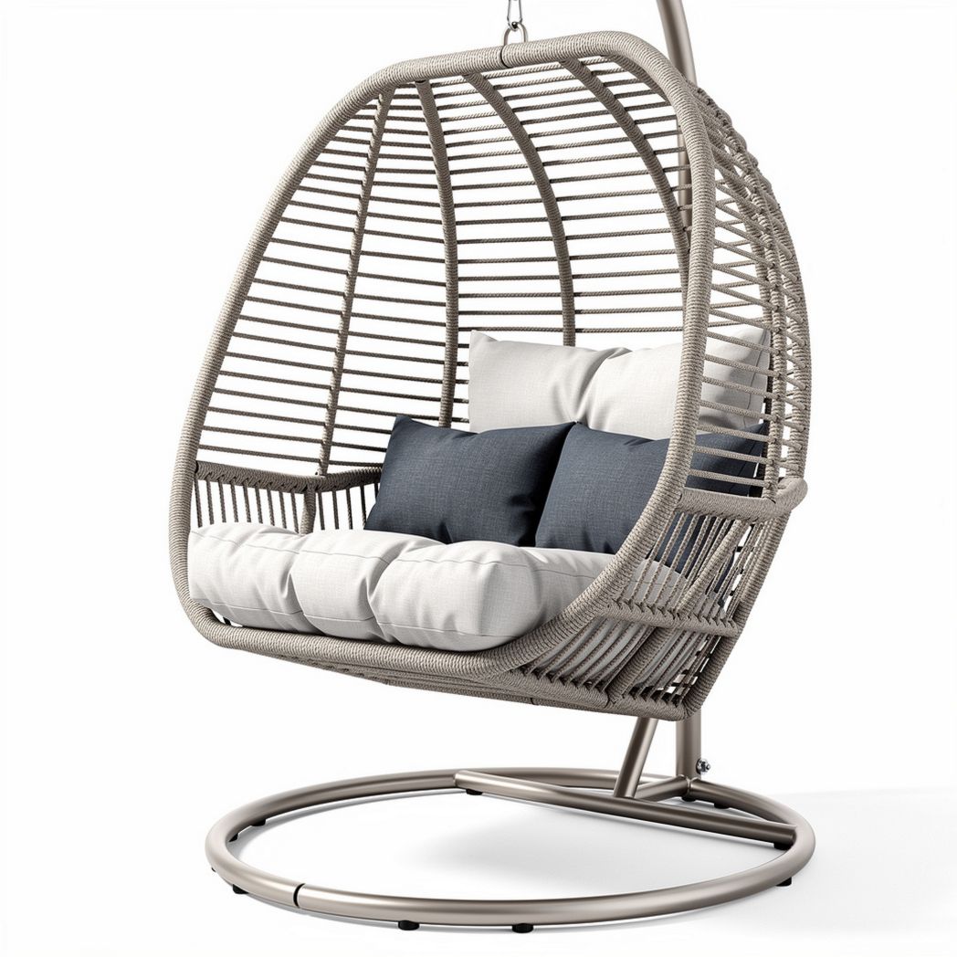 Hanging egg chair with cushion in beige and grey woven rattan 90 x 100 x 130cm