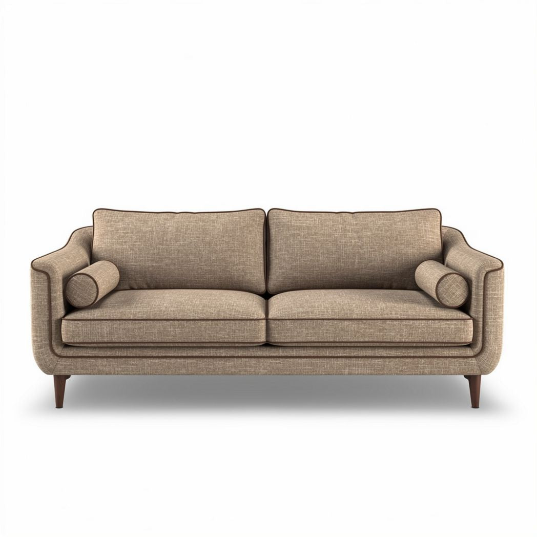 Fabric upholstered sofa with cylindrical cushions in beige 200 x 85 x 90cm